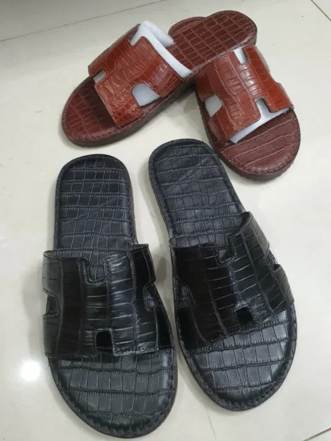 SANDALS GENUINE ALLIGATOR CROCODILE skin leather,Black Slippers sandals handmade