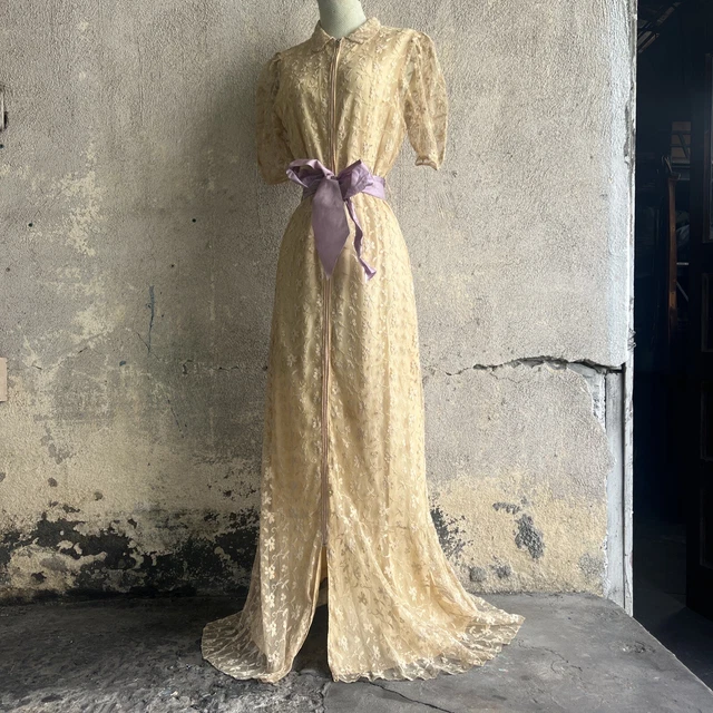 Vintage 1930s Embroidered Ecru Tulle Zipper Front Gown Dress Floral Puff Sleeve