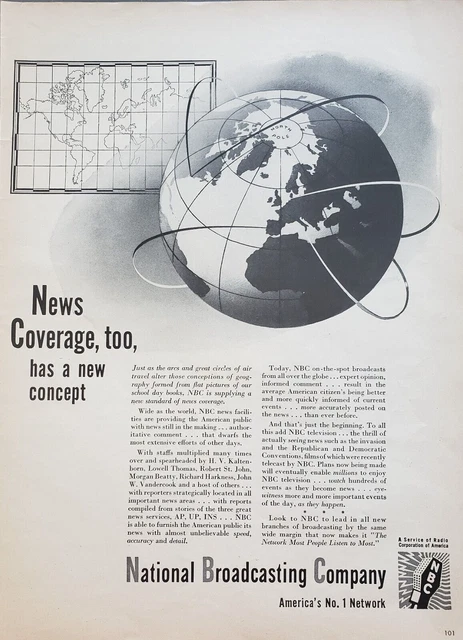 1944 National Broadcasting Co America's No 1 Network Globe Map Print Ad