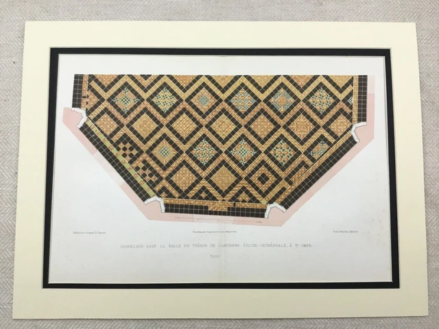 1857 Antique Chromolithograph Print St Omer Cathedral France Mosaic Floor Tiles
