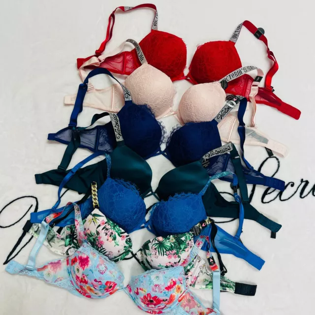 Victoria's Secret Bombshell +2 Cups Lace Push Up Bra Thong Set Shine Strap  Mint