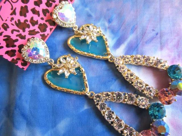 Betsey Johnson  Blue Hearts Rhinestone Statement  Dangle Earrings Nwt
