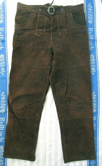 Pantaloni In Pelle Marrone Ricamato - Bavaria - Lunghi - Vintage - Tg. 52