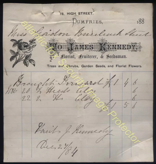 1884 DUMFRIES James Kennedy, Florist, Fruiterer & Seedsman Billhead