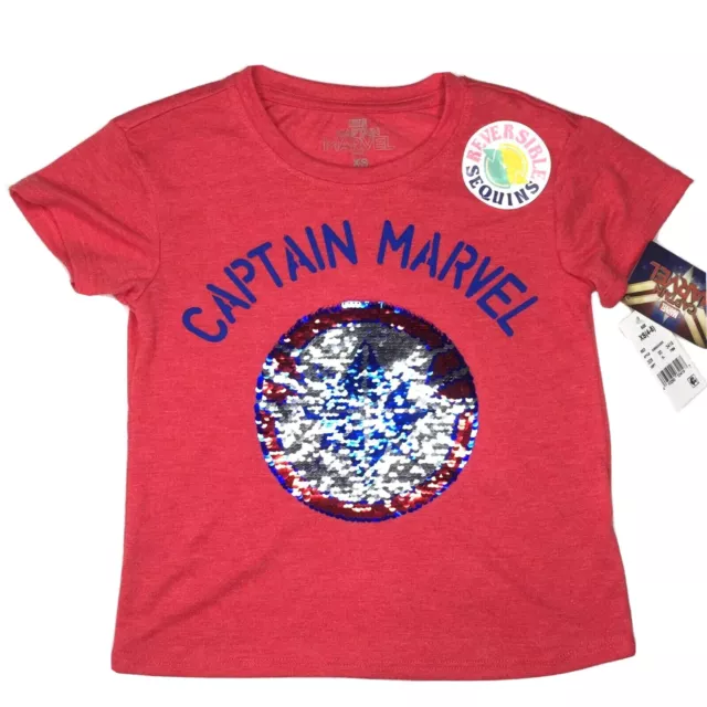 Marvel Avengers Captain Marvel Girls XS Jersey T-Shirt Sequins