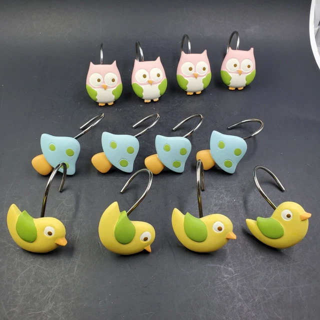 Pink Owls Yellow Birds Blue & Green Polka Dot Mushrooms Shower Curtain Hooks EUC