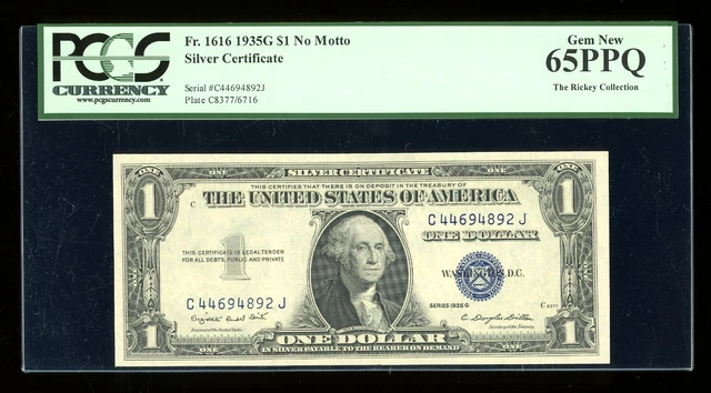 DBR $1 1935-G Silver Gem Fr. 1616 No Motto CJ Block PCGS 65 PPQ Ser # C44694892J