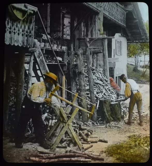 VILLARS - WOODCUTTERS SWITZERLAND C1890 ANTIQUE Magic Lantern Slide PHOTO