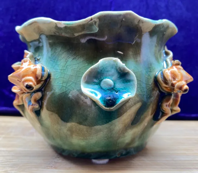 Green & Gold Ceramic Vase Koi Goldfish & Frog Majolica Pottery Signed