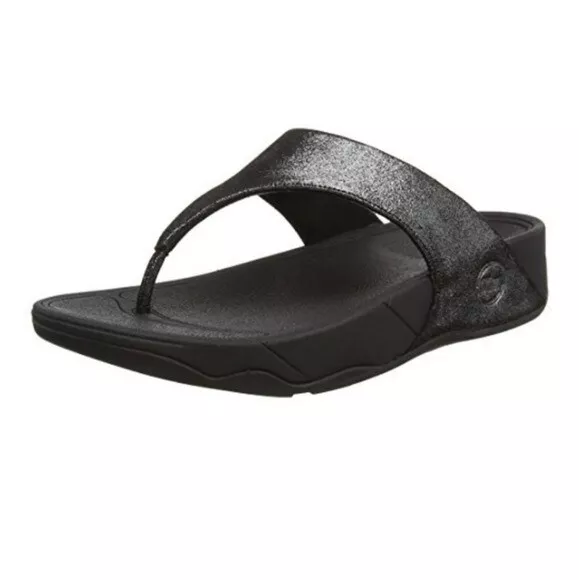 Fitflop Lulu Shimmer Black Silver Microwobbleboard Wedge Thong Sandals Woman's 8