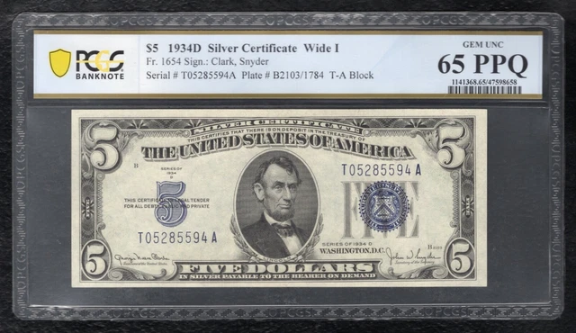 Fr. 1654 1934-D $5 Wide I Silver Certificate Pcgs Banknote Gem Unc-65Ppq (H)