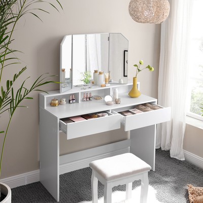 TecTake Coiffeuse avec Miroir et Tiroir Table de Maquillage Commode en Bois Meuble Blanc 