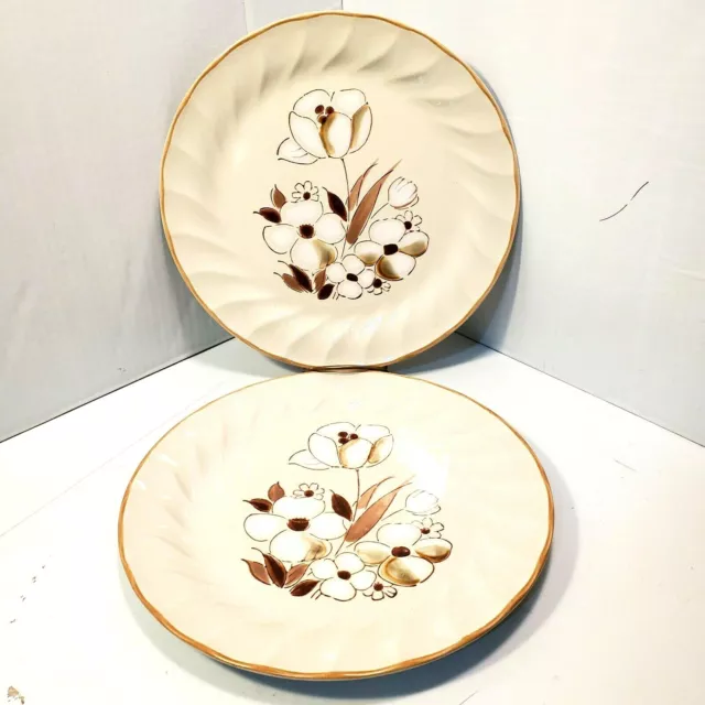 VTG Sculptura Dinner Plates Hand Painted Hearthside Stoneware 2pc Flowers Brown