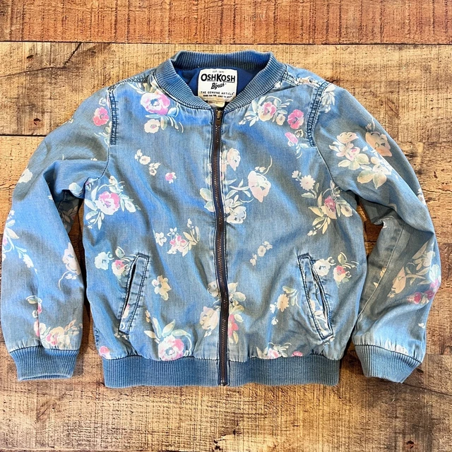 Osh Kosh B'Gosh Kids Denim Chambray Floral Bomber 6/6x Full Zip