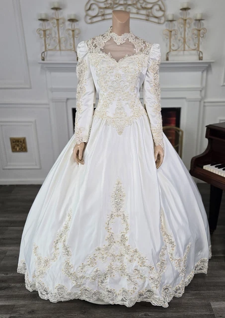 ALFRED ANGELO VINTAGE 80s 90s White Satin Long Sleeve Wedding Dress sz 14  $494.97 - PicClick