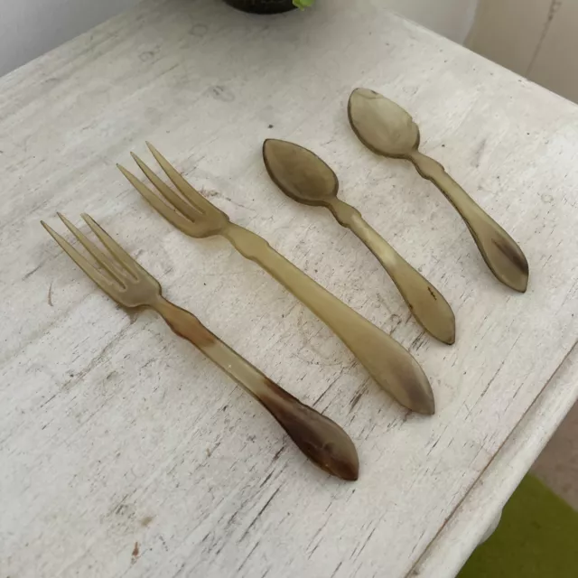 Vintage Carved Bovine Horn Forks & Spoons Possibly Scottish