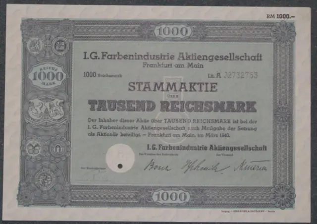 I. G. Farbenindustrie Aktiengesellschaft 1940 1000 RM