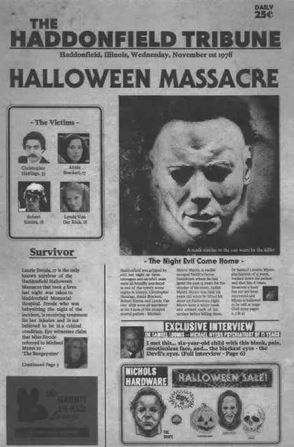 1978 Halloween Haddonfield Tribune Halloween Massacre Michael Myers 🔪🎃🔪