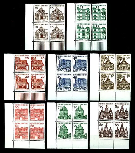 BUND kleine Bauten ** Eckrand-Viererblock-Satz u.l., Luxus - Mi. 454 - 461