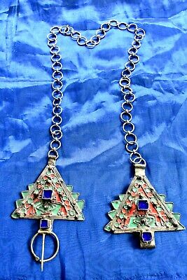 Pair Of Genuine Old Berber Tribal Silver And Enamel Fibula Fibule With Chain