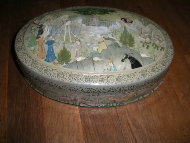 Antique Asian Hand Painted Wood Oval Box 10.5 Inch Long International Sale 2