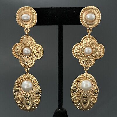 Byzantine Revival Earrings Drop Dangle Matte Gold Faux Pearl Pierced Etruscan