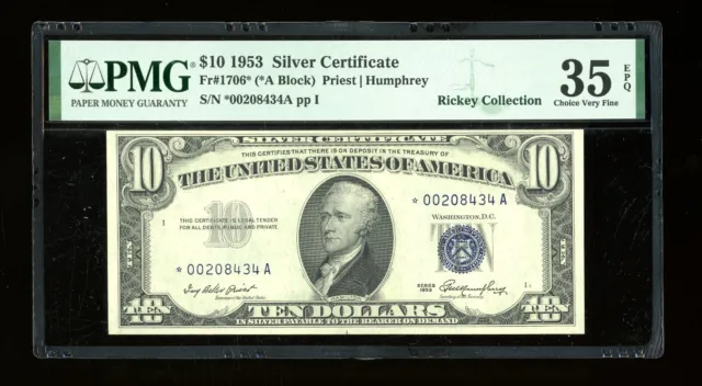 DBR 1953 $10 Silver STAR Fr. 1706* PMG 35 EPQ Serial *00208434A