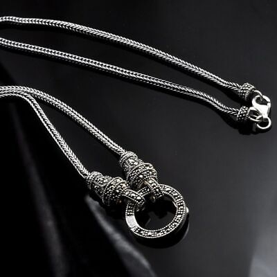 925 Sterling Silver Marcasite Stone Pendant Necklace Thai Chain Retro Jewelry