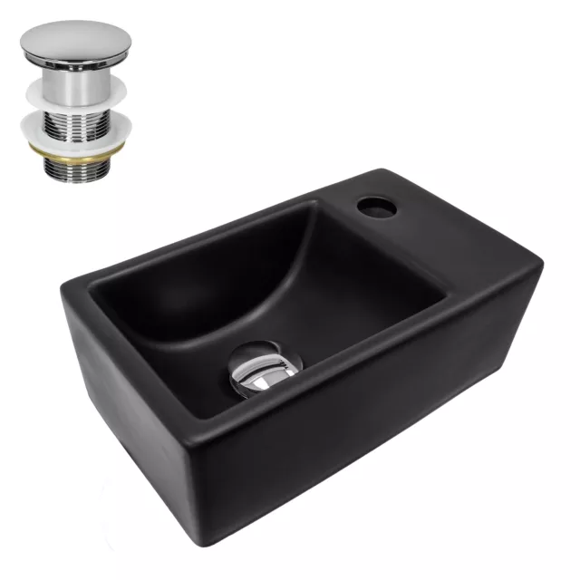 Lavabo baño de cerámica negra rectangular con juego de drenaje cromado 355x205mm