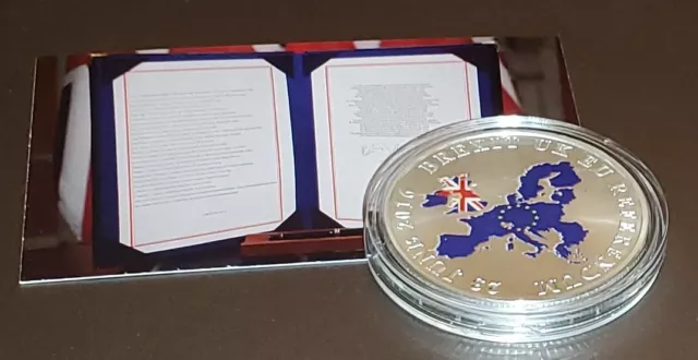 Brexit Silver Coin Britannia Retro Flags Map Stars Boris Autograph EU Union Jack