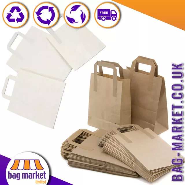 Takeaway Kraft Paper Carrier Bags - Brown / White - Handles, SOS, Lunch, Party