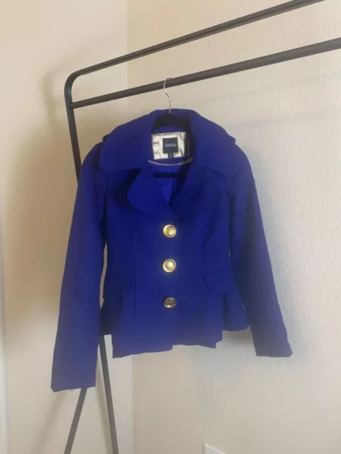 VINTAGE ROYAL BLUE cobalt peacoat jacket coat XOXO size XS large gold ...