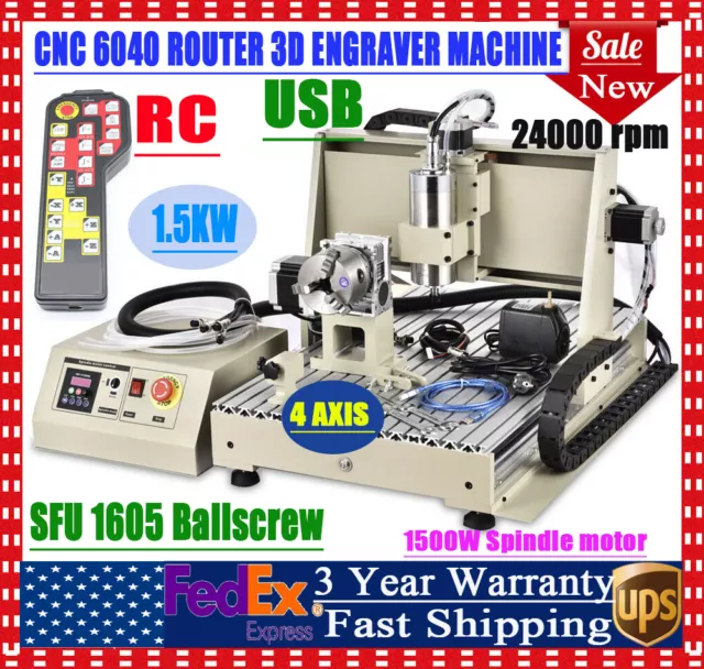 USB 4 Axis CNC 6040 Router Engraving Wood Drill/Milling Machine 1500W w/ Remote