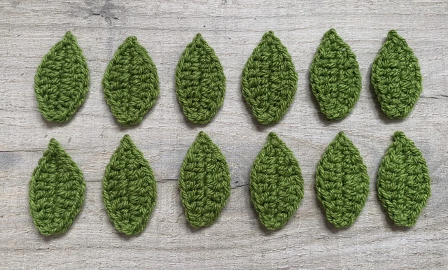 12 x Handmade Crochet Green Leaf Applique, Embellishments, Motif, Scrapbooking
