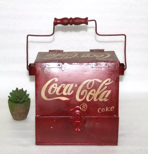 Antique Coca-Cola Rouge Peint Soda Verre Support Fer À Boîte Avec Ouvert & Porte 2