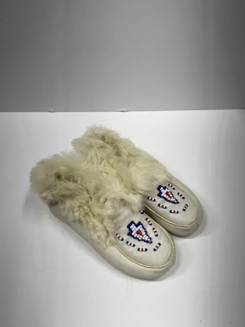 Antique Native American Leather Beaded Child Moccassins Rabbit Fur Sz 70 12-18mo