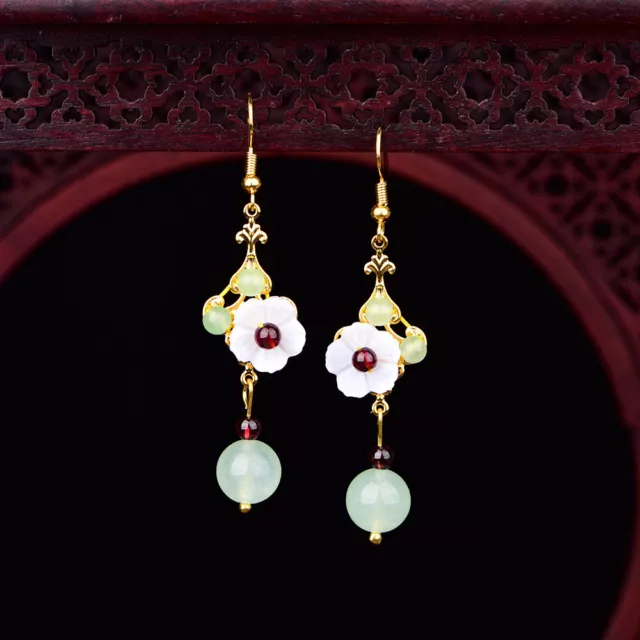 Green Jade Flower Earrings Charms Jewelry Chalcedony 925 Silver Women Natural