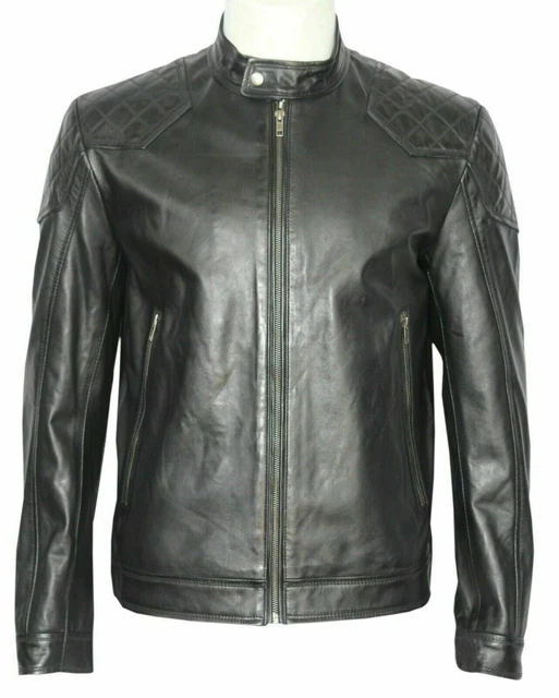 Men Genuine Lambskin Leather Classic Quilted Solid Biker Black Coat Jacket