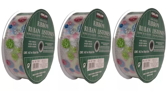 3Pack Kirkland Pink Green Blue Glitter Dots Sheer Wire Edge Ribbon 1.5 in x 50 Y