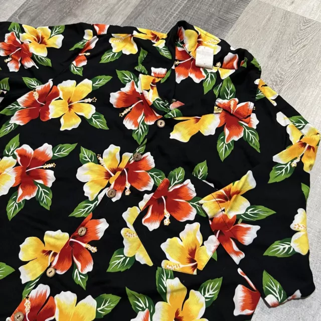 VTG Kennington Black Hawaiian 80s Loop Collar Aloha Floral Rayon Button Shirt 2