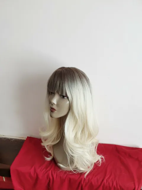 18" Ombre Dark Root Wig Fringe Wavy Wave Hair Synthetic Brown Blonde Heat Resist