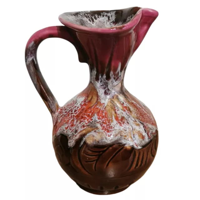 Vintage Vallauris French Pottery Jug Pitcher / Vase - Pink & Brown Drip Glaze 7"