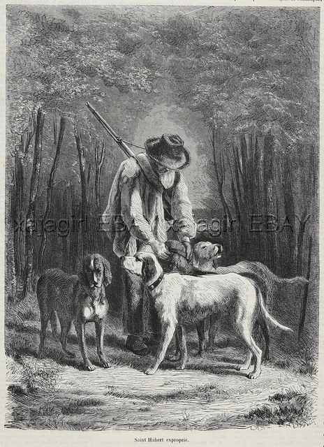 Dog Bloodhound St. Huberts & Porcelaine, Huntsman 1870s Antique Print & Poem