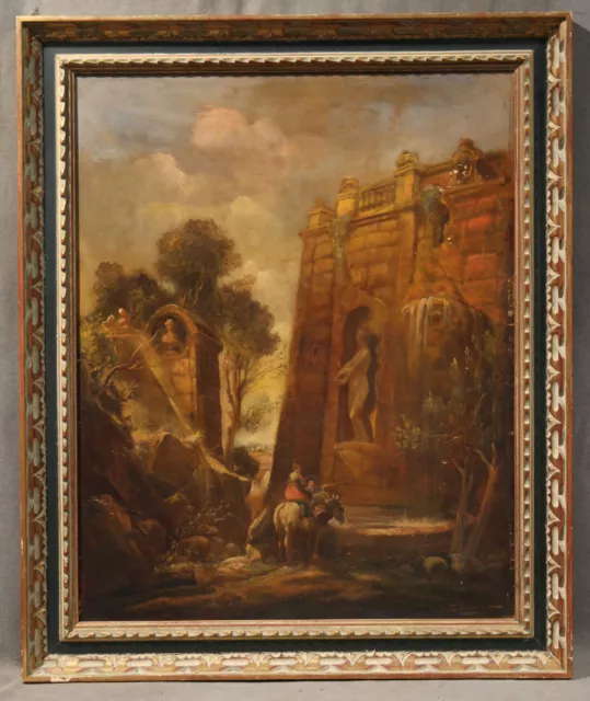 Mid 19th Century Beautiful Landscape People and Horse Drinking from a Fountain