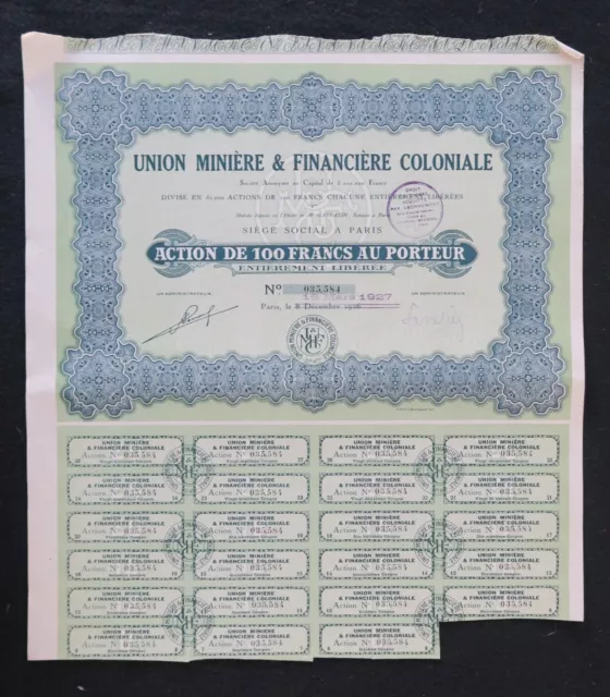 Action UNION MINIERE & FINANCIERE COLONIALE PARIS 1927 titre bond share 2