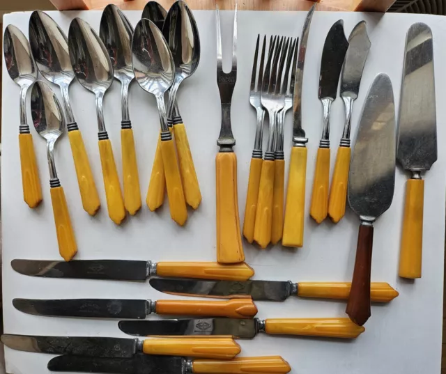 Vintage Butterscotch Assorted BAKELITE Stainless Flatware - Knives/Forks/Spoons