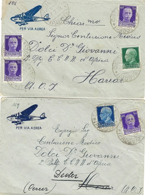 Cinto Euganeo - 1939 - N° 2 Buste Via Aerea Per Harar Affrancate 1,75 Lire