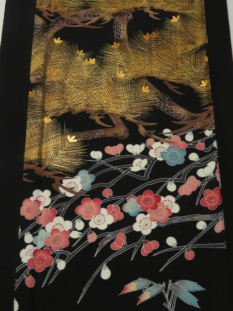 2i02z80 Japanese Kimono Silk  FABRIC Black Plum branch, Pine 47.2"