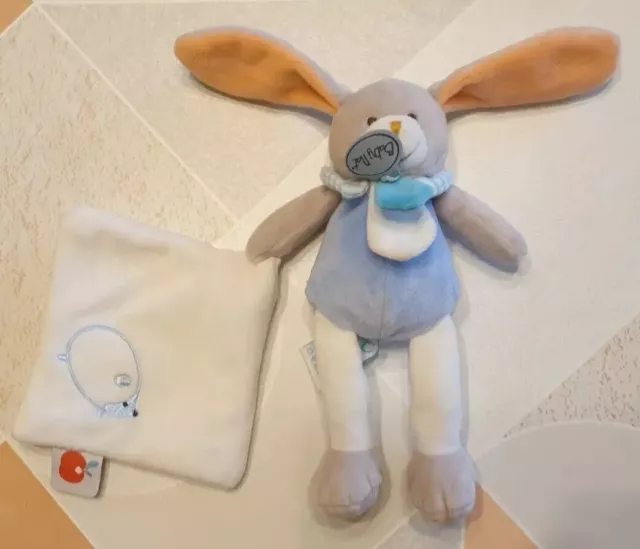 Peluche Doudou Lapin baby nat  Bleu orange Mouchoir Blanc  Herisson Pomme