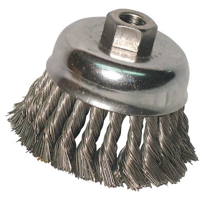 Cepillo de copa de alambre de nudo, 3 in diapositivas, eje 5/8-11, 0,012 in acero inoxidable ORS Nasco